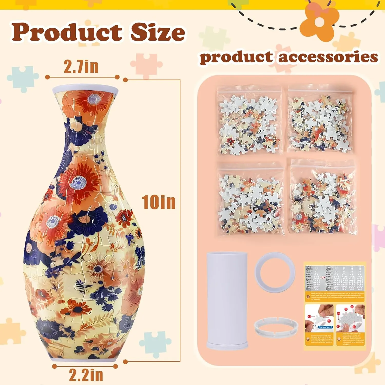 - 160 Pieces of Puzzle Flower Vase$ Blossoming Flowers Themed Art Projects Gift for Women Housewarming Home Decoration Unique behave 3D Puzzle for Adults 