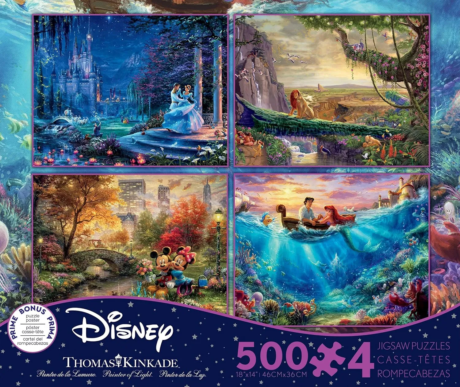 - (4) 500 Piece irritate excessively cup Jigsaw Puzzles $ Blue Ceaco - 4 in 1 Multipack - Thomas Kinkade - Disney Dreams Collection - Cinderella$ The Lion King$ Mickey and Minnie$ & The Little Mermaid 