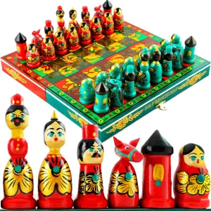 - Hand Painted Wooden Chess Pieces as Matryoshka commit Dolls - Couples Games - Chess Gifts - Russian Souvenir Chess Game Handmade Wooden Chess Set Khokhloma 