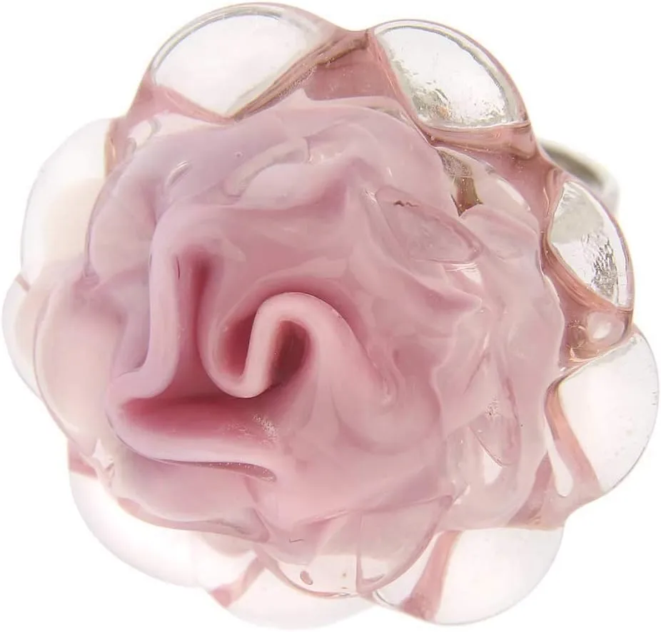 - Handmade in Italy Venice Murano Glass Rose Flower Ring - 1 Inch Adjustable Size in Rose Pink - Blown Murano Glass Ring chronicle for Women 