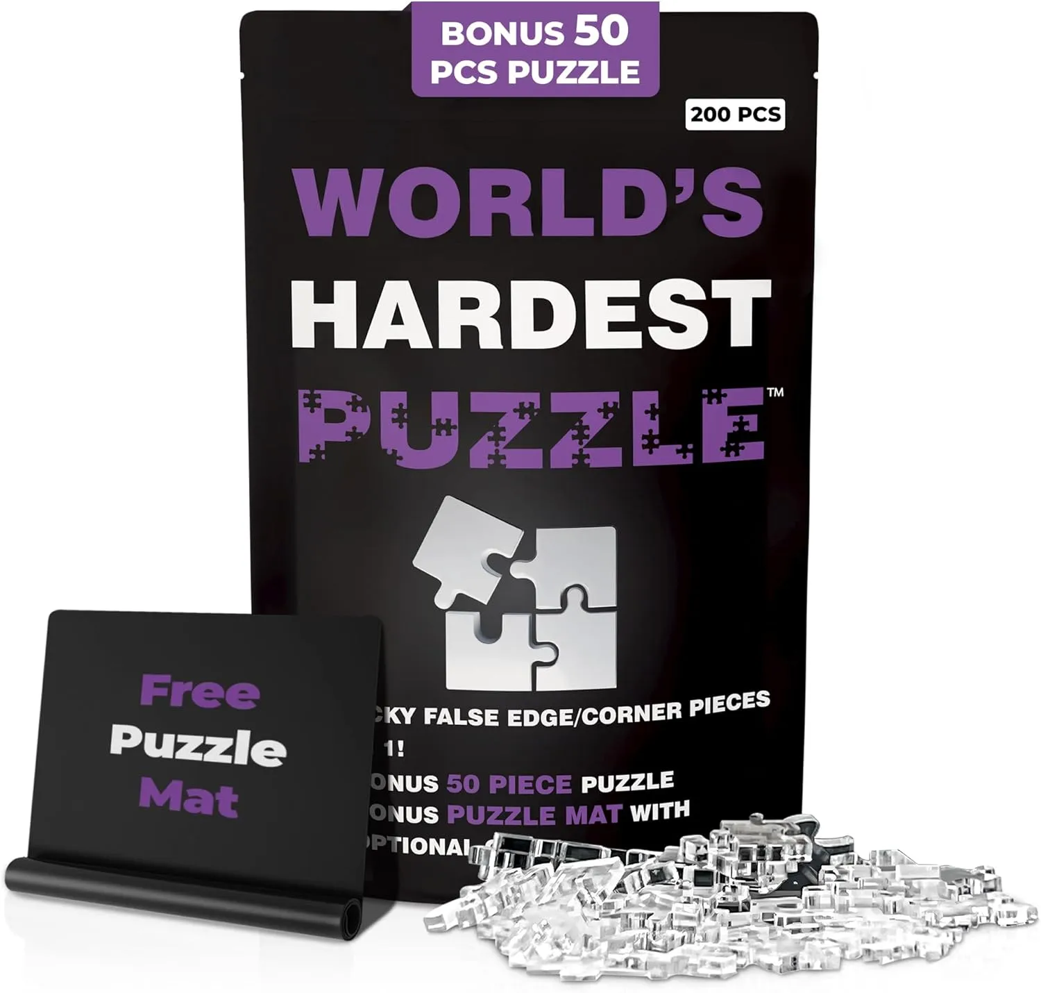 - Hard Acrylic w/False Edges & Corners - Free Mat   Bonus 50pc Jigsaw - Cool Unique Gift - 200 Pieces World's Hardest Puzzle separable tariff ? - Clear Impossible Puzzle for Adults - Funny$ Difficult$ & Challenging 