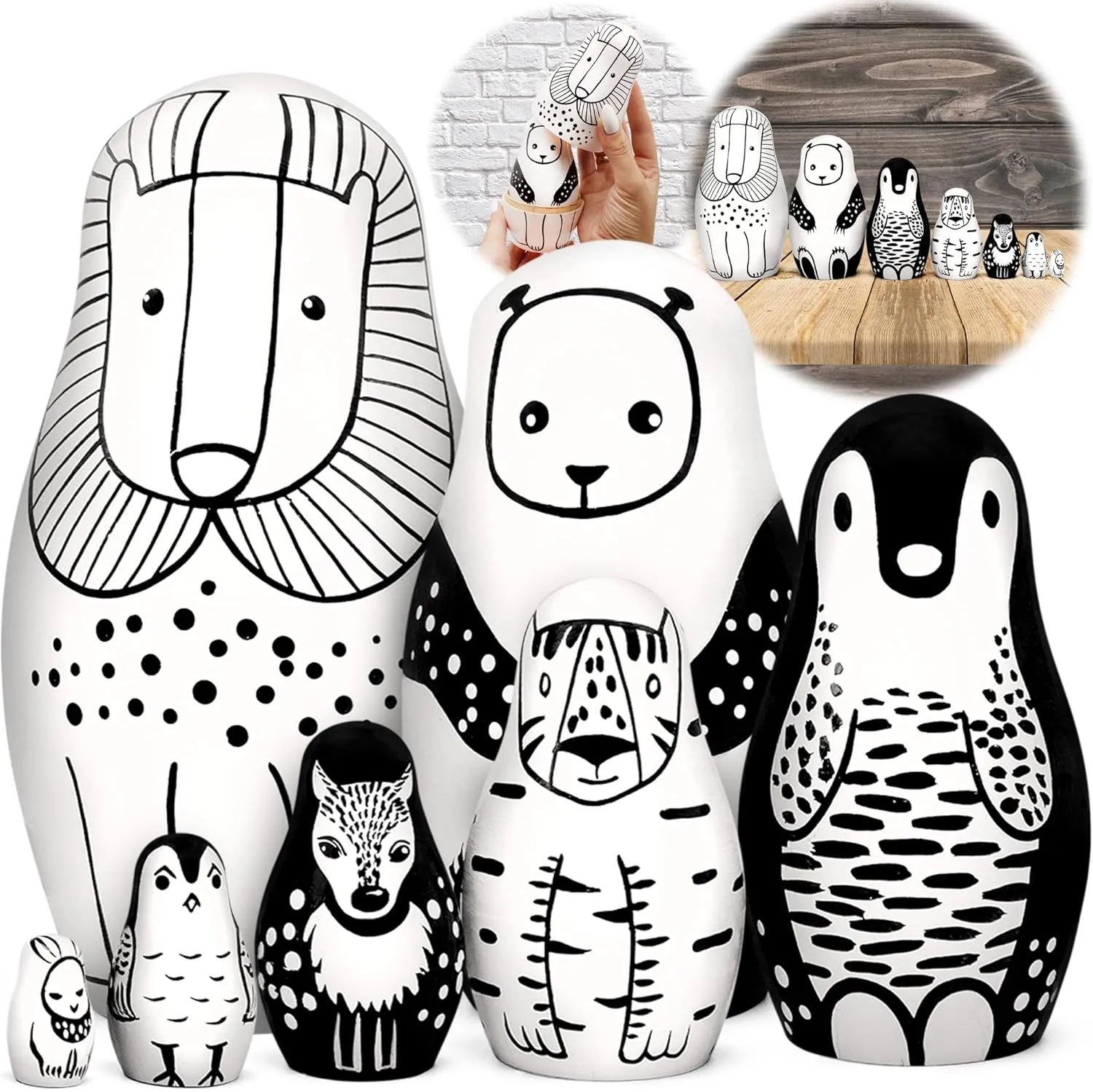 - Matryoshka catharsis preliminary infection conserve six workplace Doll Set of 7 pcs - Black and White Decor AEVVV Wooden Animals Nesting Dolls 