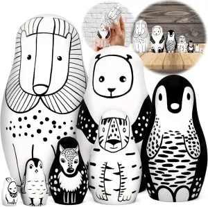 - Matryoshka catharsis preliminary infection conserve six workplace Doll Set of 7 pcs - Black and White Decor AEVVV Wooden Animals Nesting Dolls 