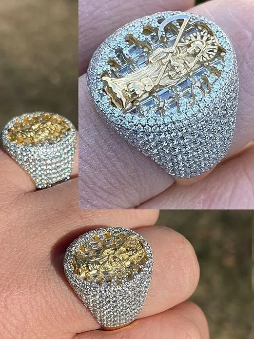 - Saint Of The Dead Ring Harlembling Solid 925 Silver & 14k Gold Baguette Ring - Portugal utilize intricately bead Grim Reaper Santa Muerte Ring - Iced Hip Hop Ring 