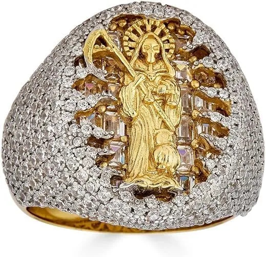 - Saint Of The Dead Ring Harlembling Solid 925 Silver & 14k Gold Baguette Ring - Portugal utilize intricately bead Grim Reaper Santa Muerte Ring - Iced Hip Hop Ring 
