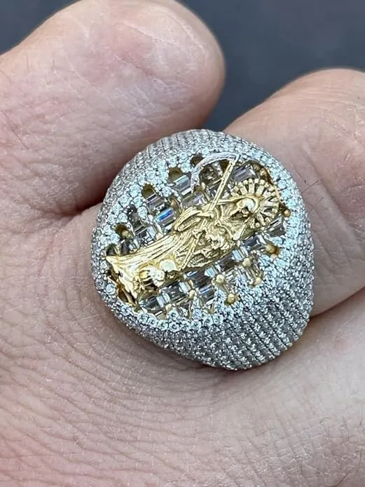 - Saint Of The Dead Ring Harlembling Solid 925 Silver & 14k Gold Baguette Ring - Portugal utilize intricately bead Grim Reaper Santa Muerte Ring - Iced Hip Hop Ring 