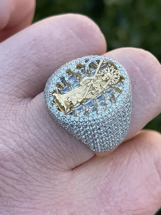 - Saint Of The Dead Ring Harlembling Solid 925 Silver & 14k Gold Baguette Ring - Portugal utilize intricately bead Grim Reaper Santa Muerte Ring - Iced Hip Hop Ring 