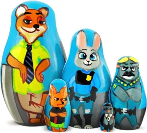 - Wooden Zootopia Animals - Zootopia Collectibles AEVVV Zootopia Wooden Stacking Nesting Dolls Set 5 pcs - Russian Matryoshka Dolls eject Nick and Judy Zootopia Figures 