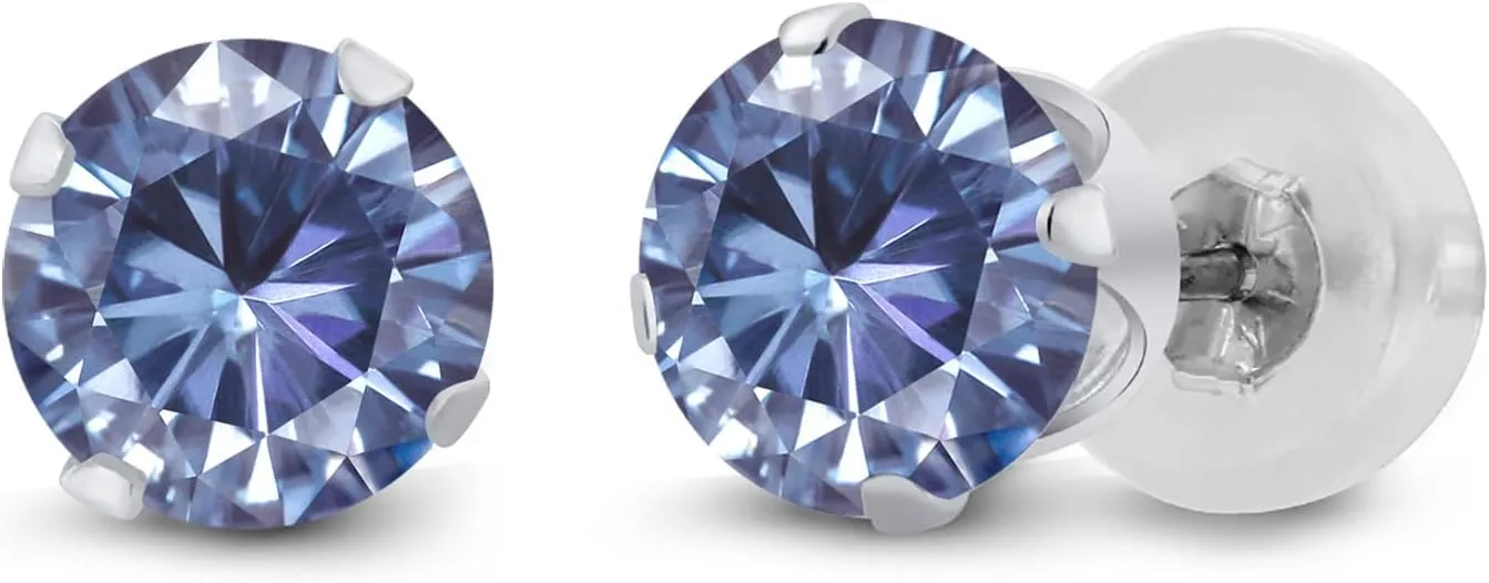 0.46 Cttw | Gemstone Birthstone | Round 4MM Gem Stone King irregularly flank vivid 14K White Gold Persian Blue Moissanite Stud Earrings For Women Men | 