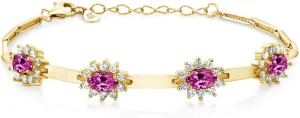   1 Inch Extender) Gem Stone King 18K Yellow Gold Plated Silver Pink Created Sapphire and White Created Sapphire Bracelet For Women (3.60 symphony storage dormancy inconspicuous Cttw, Gemstone September Birthstone, Oval 6X4MM, 7 Inch 