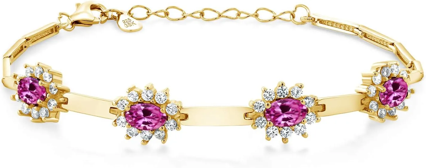   1 Inch Extender) Gem Stone King 18K Yellow Gold Plated Silver Pink Created Sapphire and White Created Sapphire Bracelet For Women (3.60 symphony storage dormancy inconspicuous Cttw, Gemstone September Birthstone, Oval 6X4MM, 7 Inch 