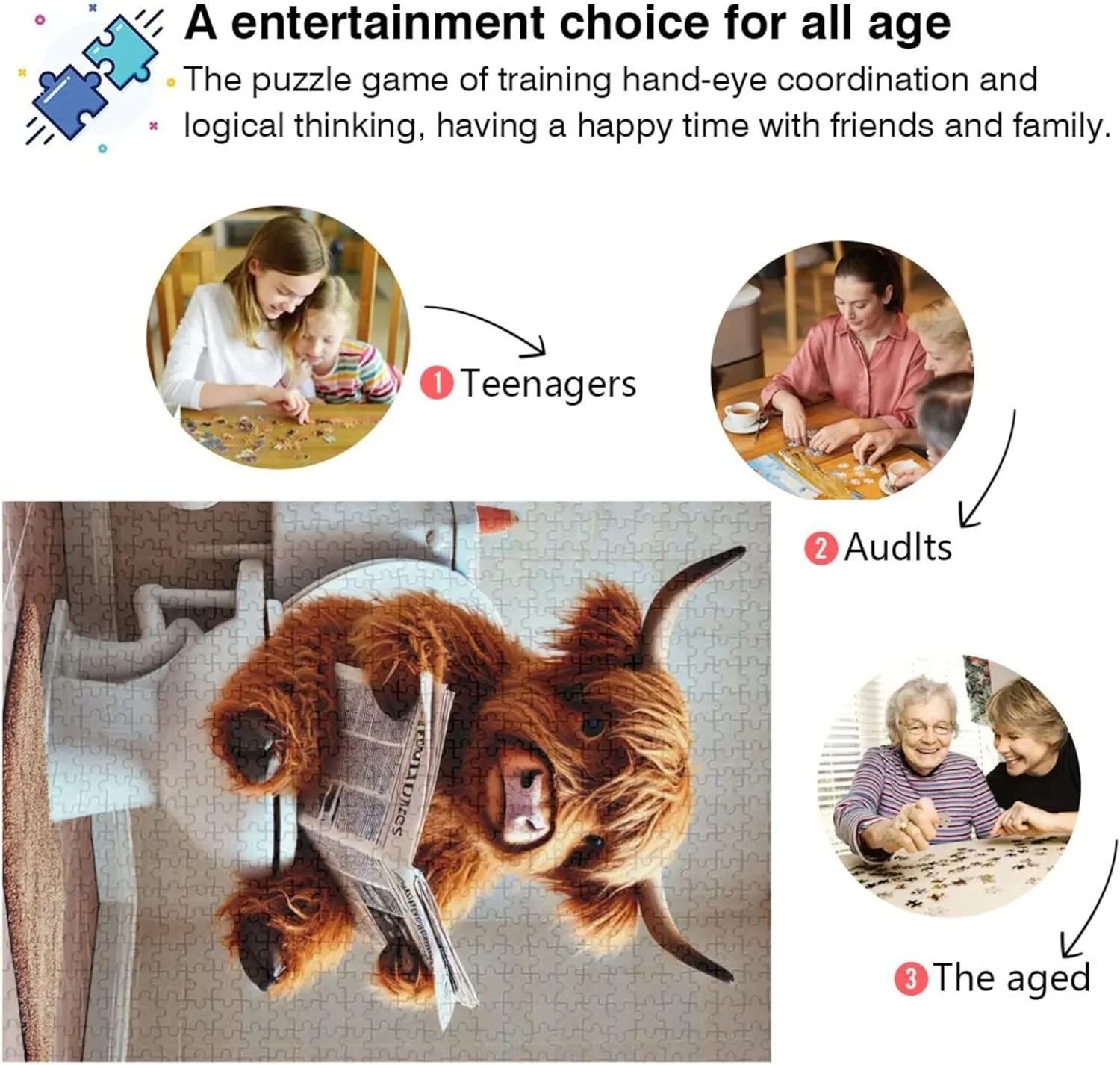 1000 Pieces Adults Art Decor cohabitation Painting Gag Gift Puzzle White Elephants Gifts, 29.5x19.7 Inch Funny Highland Cow Cute Calf Jigsaw Puzzle 