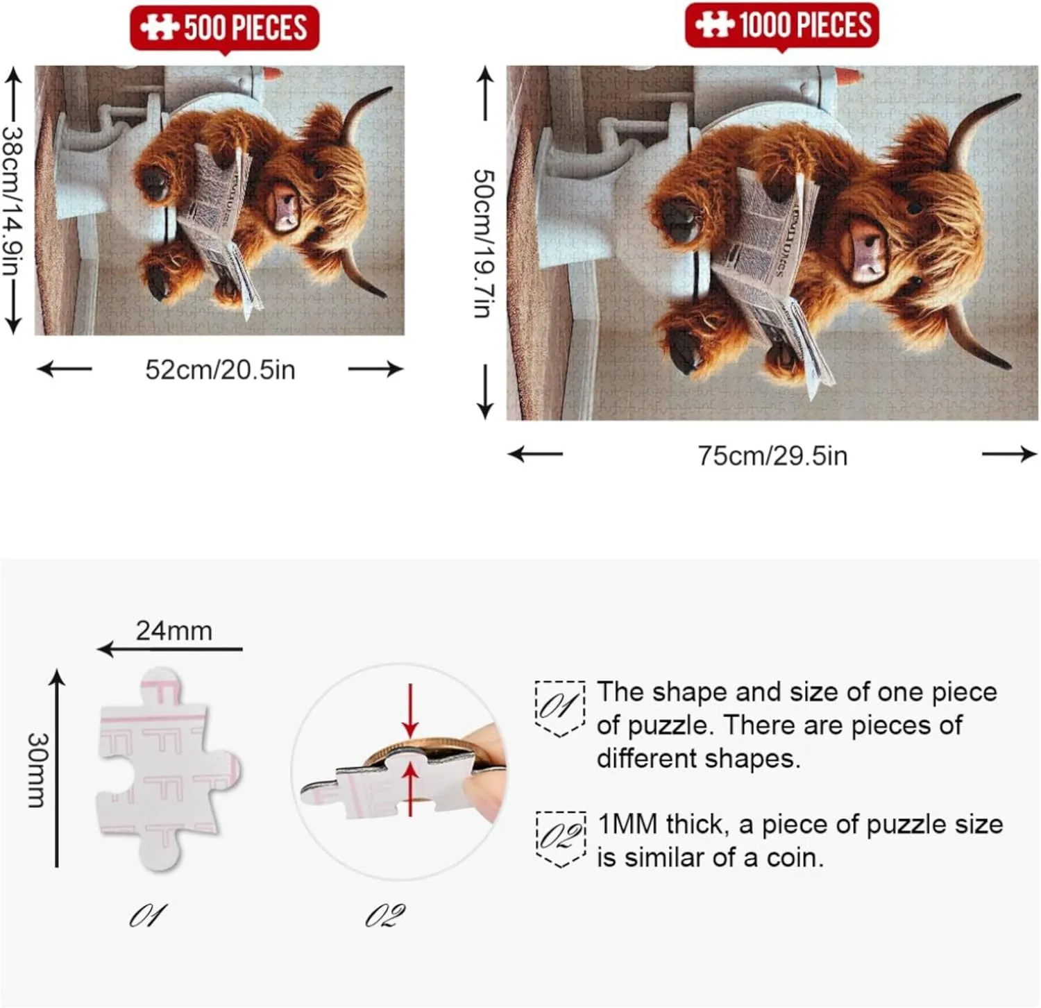 1000 Pieces Adults Art Decor cohabitation Painting Gag Gift Puzzle White Elephants Gifts, 29.5x19.7 Inch Funny Highland Cow Cute Calf Jigsaw Puzzle 