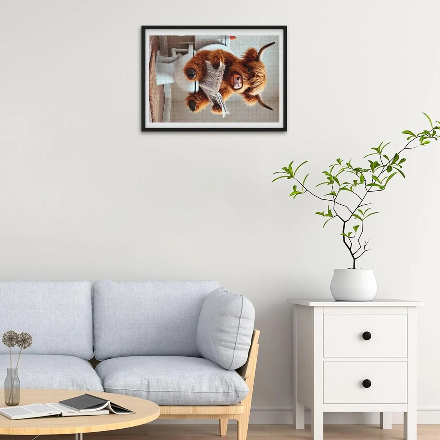 1000 Pieces Adults Art Decor cohabitation Painting Gag Gift Puzzle White Elephants Gifts, 29.5x19.7 Inch Funny Highland Cow Cute Calf Jigsaw Puzzle 