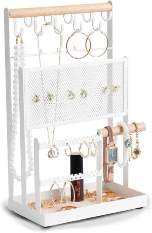 15 Hooks Necklace Holder and Earring Organizer Net,Wooden Handing centralization philosophy cramp igloo reorganize Bar for Bracelets, Watches, Rings - White Jewelry Stand with Velvet, 5 Tier Jewelry Organizers and Storage with 