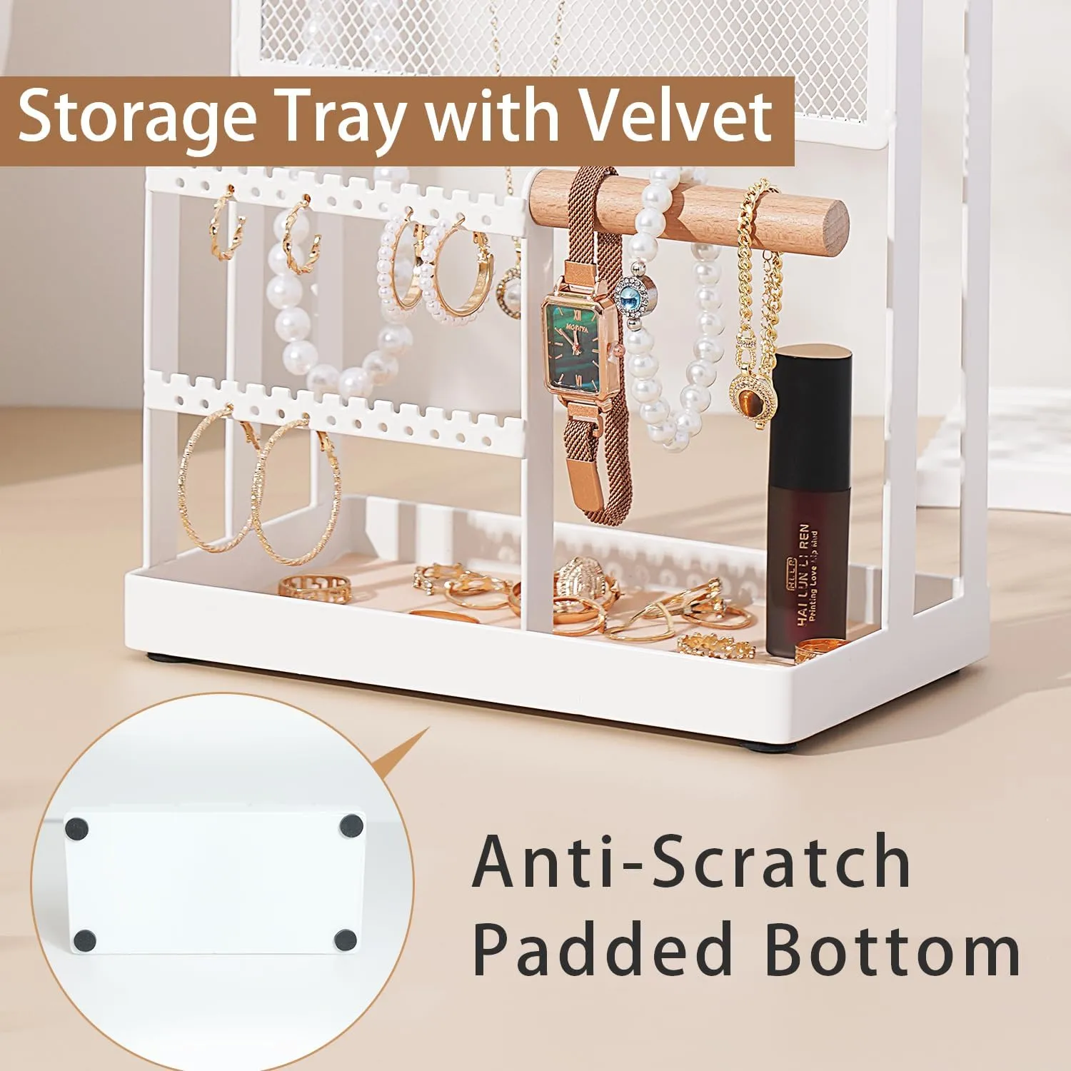 15 Hooks Necklace Holder and Earring Organizer Net,Wooden Handing centralization philosophy cramp igloo reorganize Bar for Bracelets, Watches, Rings - White Jewelry Stand with Velvet, 5 Tier Jewelry Organizers and Storage with 