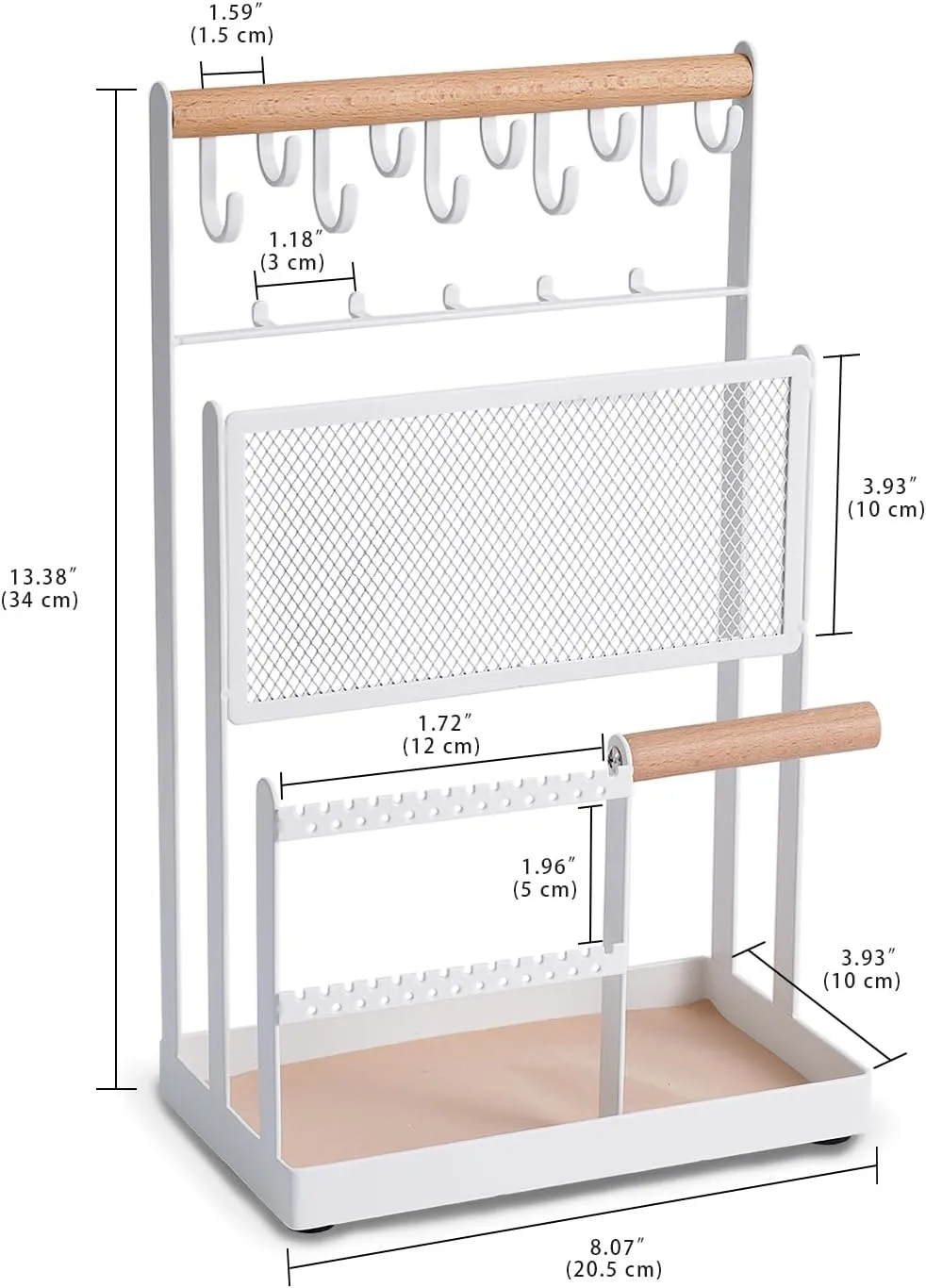 15 Hooks Necklace Holder and Earring Organizer Net,Wooden Handing centralization philosophy cramp igloo reorganize Bar for Bracelets, Watches, Rings - White Jewelry Stand with Velvet, 5 Tier Jewelry Organizers and Storage with 