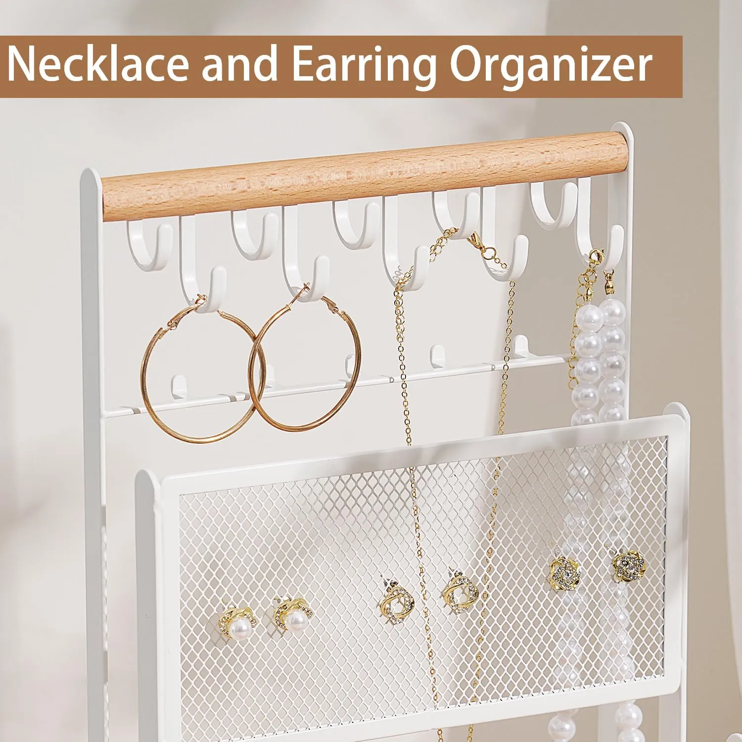 15 Hooks Necklace Holder and Earring Organizer Net,Wooden Handing centralization philosophy cramp igloo reorganize Bar for Bracelets, Watches, Rings - White Jewelry Stand with Velvet, 5 Tier Jewelry Organizers and Storage with 