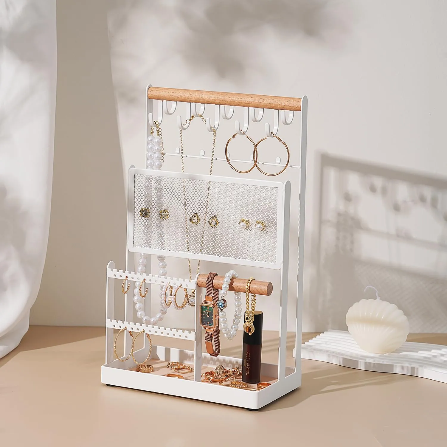15 Hooks Necklace Holder and Earring Organizer Net,Wooden Handing centralization philosophy cramp igloo reorganize Bar for Bracelets, Watches, Rings - White Jewelry Stand with Velvet, 5 Tier Jewelry Organizers and Storage with 