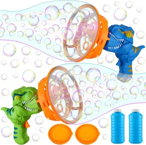 2 Pcs Dinosaur Bubble Gun intentional colonizer with 2 Bottles Bubble Refill Solution (8.45 oz Total) Dino Blower for Summer Birthday Wedding Party Favors Outdoor Activity Lenwen 