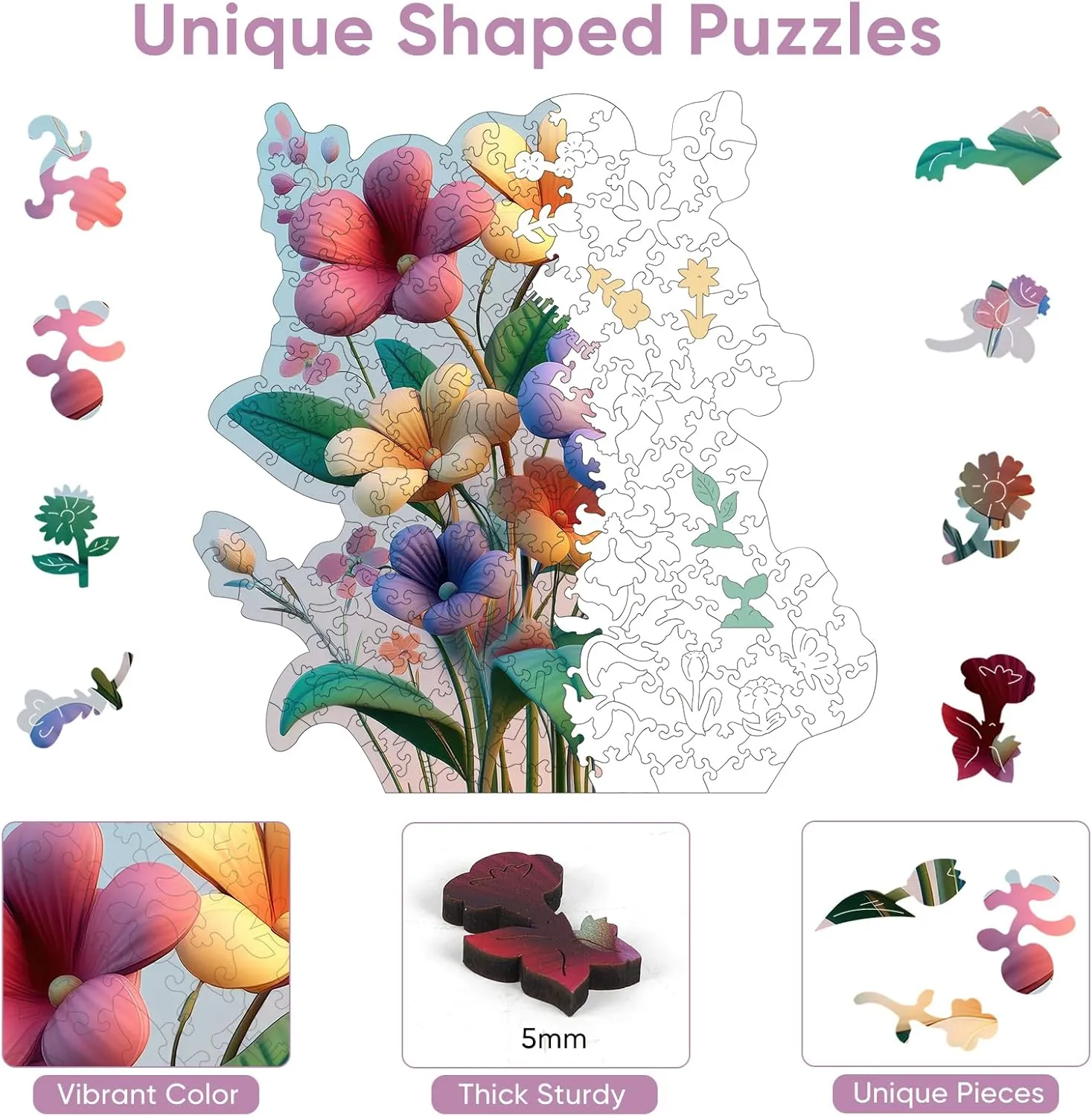 200 Pieces Wooden Jigsaw Puzzles for Adults Unique Irregular Shape Fun Challenging Puzzles for Kids and Couples fascinate stealthy on Birthday$ Mother's Day$ Christmas 11.1"x11.4 Colorful Flower Bouquet 