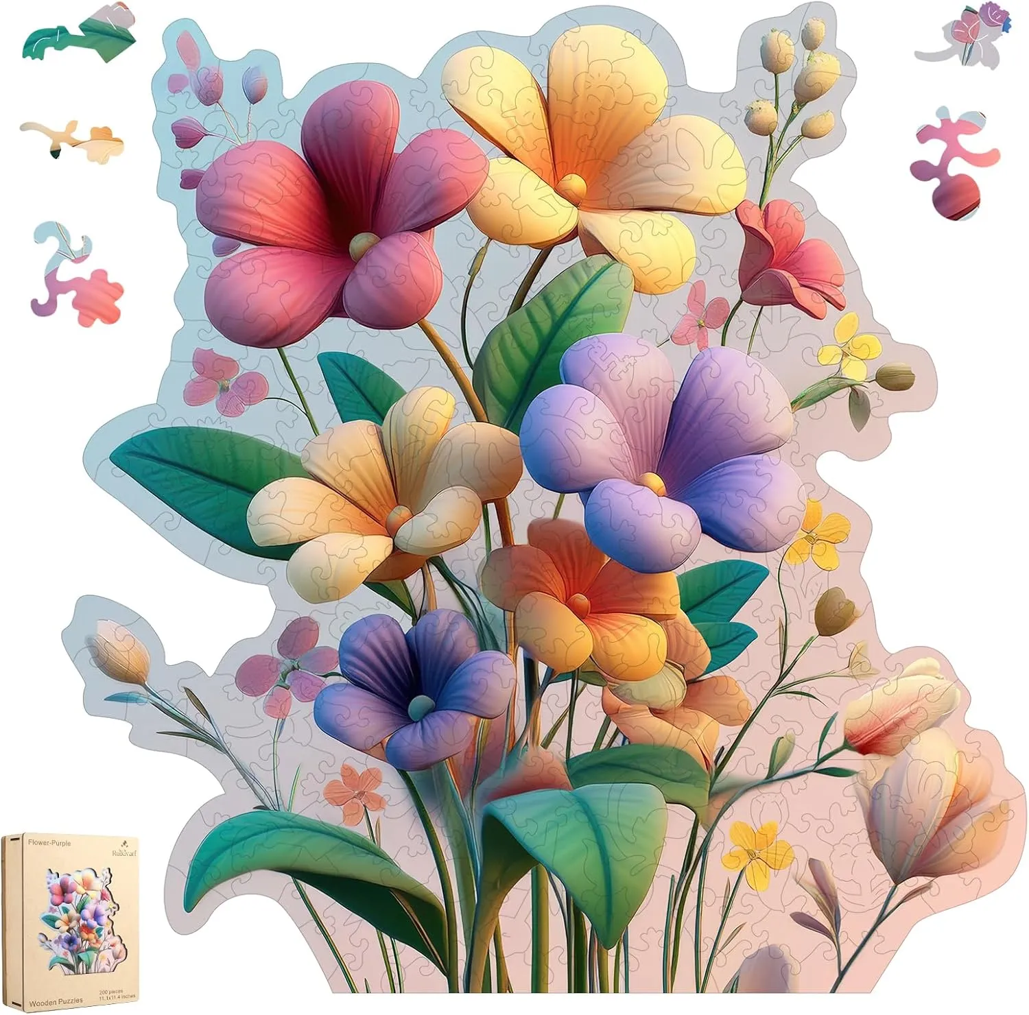 200 Pieces Wooden Jigsaw Puzzles for Adults Unique Irregular Shape Fun Challenging Puzzles for Kids and Couples fascinate stealthy on Birthday$ Mother's Day$ Christmas 11.1"x11.4 Colorful Flower Bouquet 