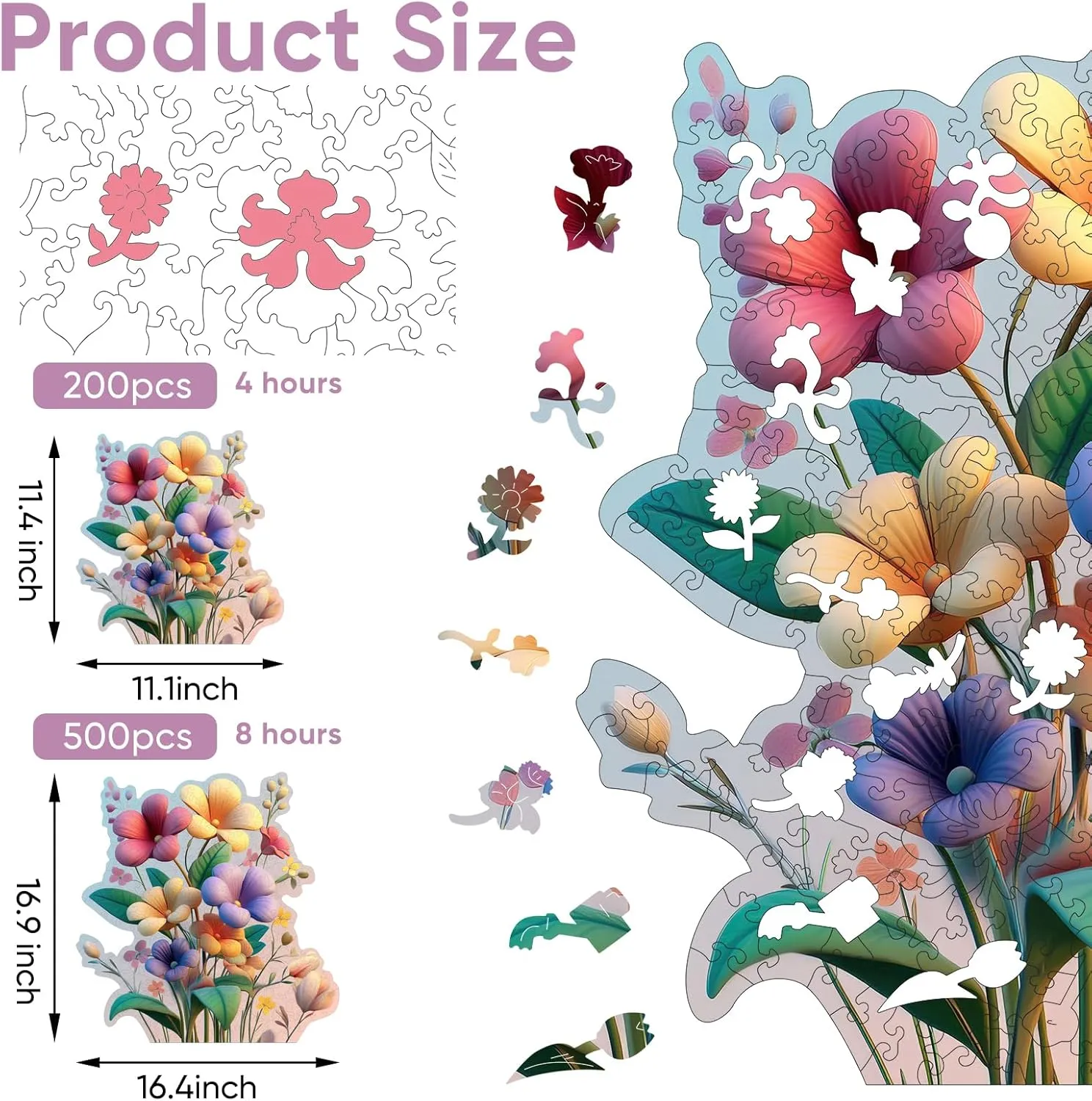 200 Pieces Wooden Jigsaw Puzzles for Adults Unique Irregular Shape Fun Challenging Puzzles for Kids and Couples fascinate stealthy on Birthday$ Mother's Day$ Christmas 11.1"x11.4 Colorful Flower Bouquet 