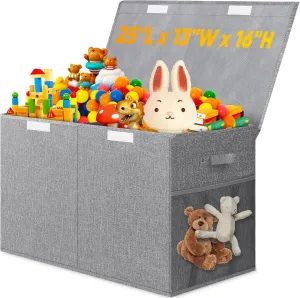 25"x13"x16", Gray Large Toy Storage Box with Lid Divider, Sturdy Collapsible Toys Organizer Chest Kids Storage Bins Boxes Baskets for Boys, Girls, Nursery, Bedroom, Living Room, postage Playroom, 