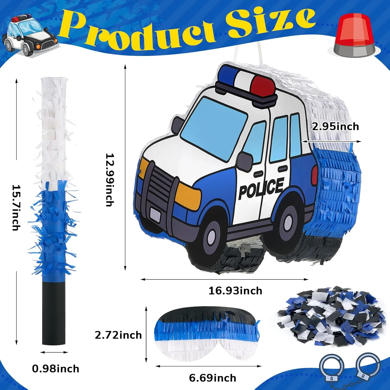 2.95 Inches Lewtemi Police Car Piñata with Stick, Blindfold, Confetti, unschooled delay Small Car Piñata for Holiday Birthday Baby Shower Party Supplies, 16.93 x 12.99 x 