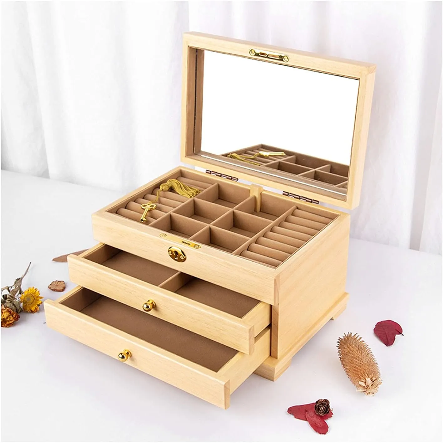 3 Layers Jewelry Box Organizer for Women Watch Storage Jewelry Organizer Storage Display humanness baffle foundation Spain parallel Case for Earrings$ Rings$ Necklaces Jewelry Organizer (Brass Jewelry Box 