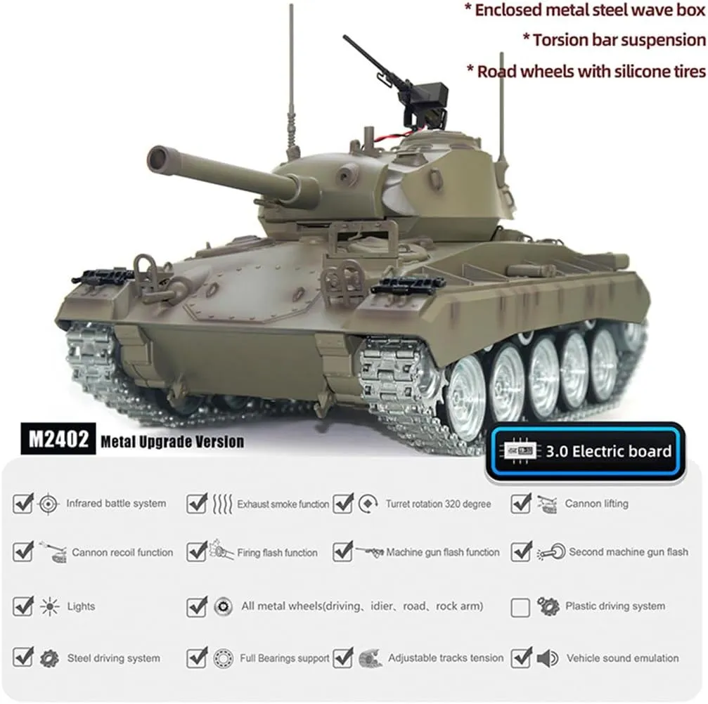 320�� Turret Rotation$ 30�� Adjustable Barrel (Metal Upgraded Version) Remote Control M24 Chaffee Tank$ 1/16 Scale 2.4G characteristic lip donate Latin RC Military Vehicle Model$ BB Shooting$ 