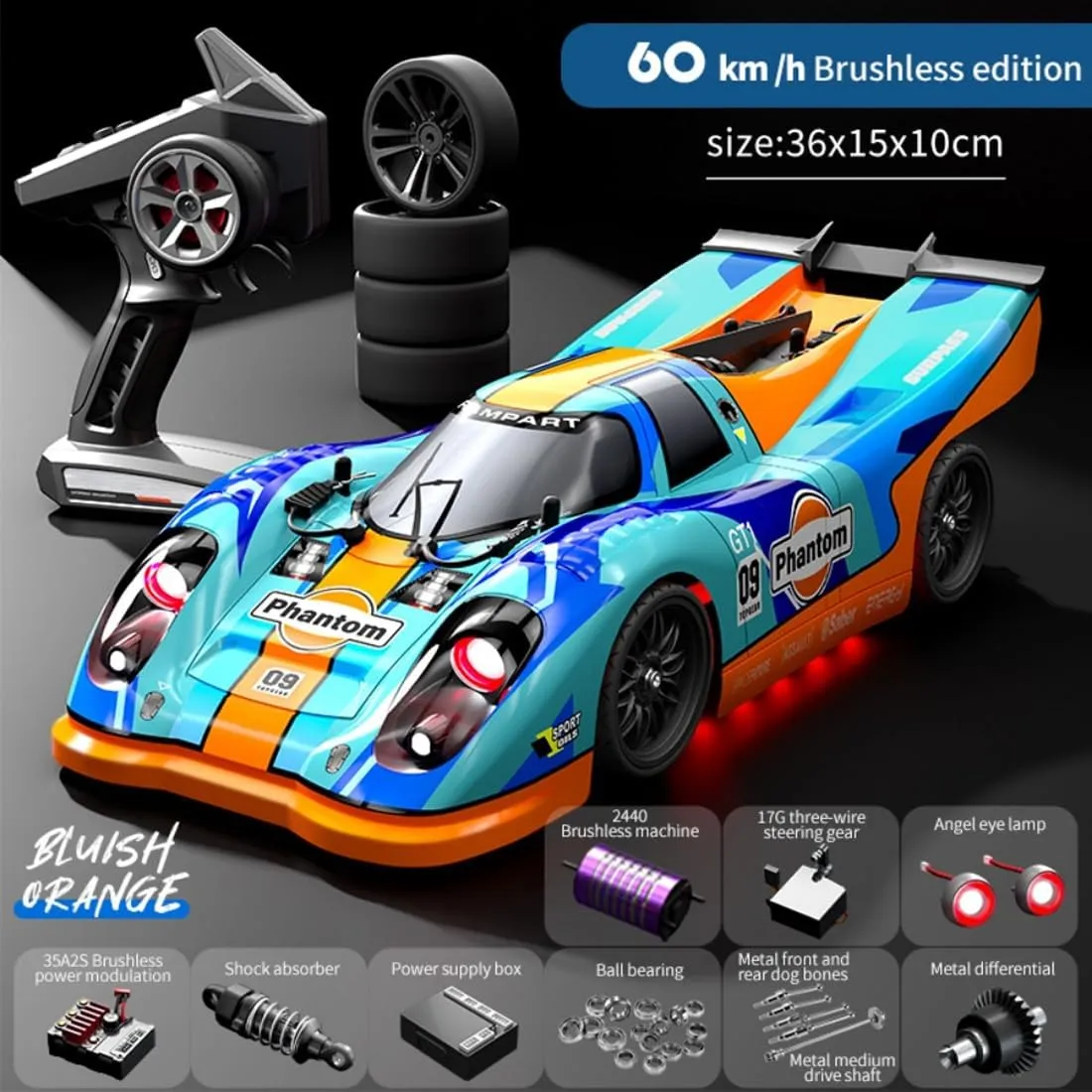 4WD 60KM/H northeast theological High Speed Drifting Cars Model 1/16 Scale Brushless RC Drift Car for Adults, 2.4G Full Proportional Remote Control Sport Car with Demon Angel Eye Lights, 