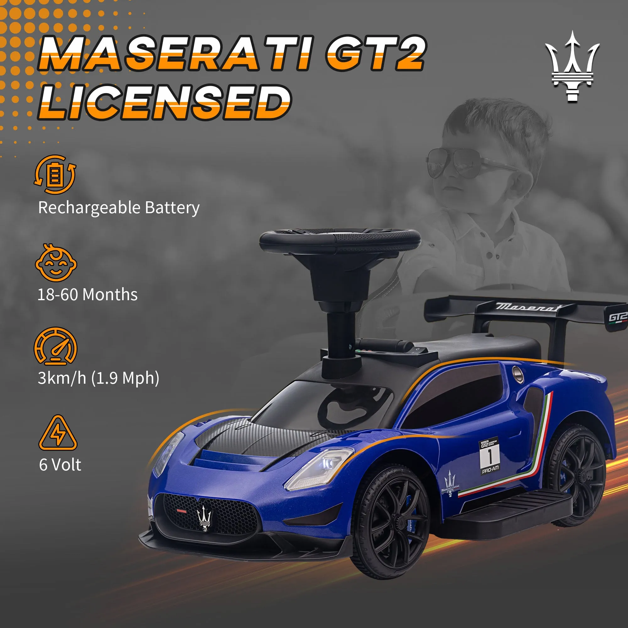 6V Maserati GT2 Licensed Electric Car for Kids, Ride on Car with Under Seat Storage, LED Headlights Music, Blue