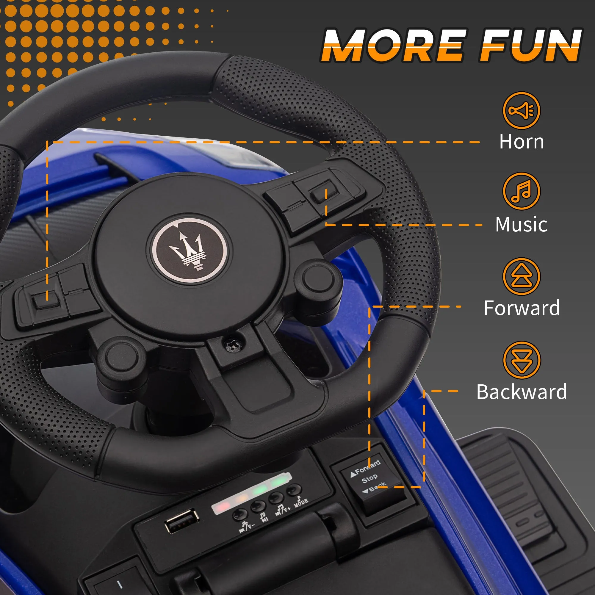 6V Maserati GT2 Licensed Electric Car for Kids, Ride on Car with Under Seat Storage, LED Headlights Music, Blue