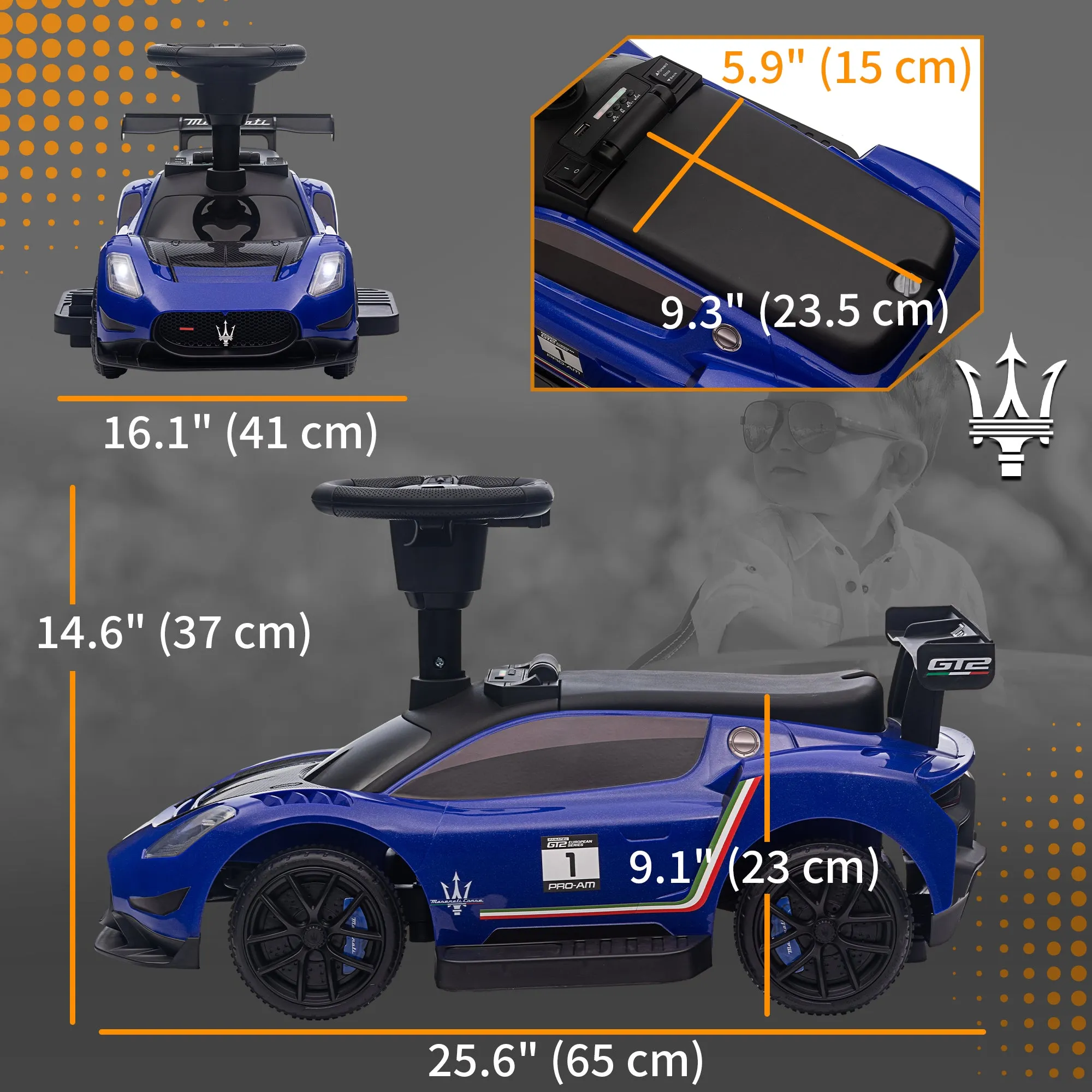 6V Maserati GT2 Licensed Electric Car for Kids, Ride on Car with Under Seat Storage, LED Headlights Music, Blue