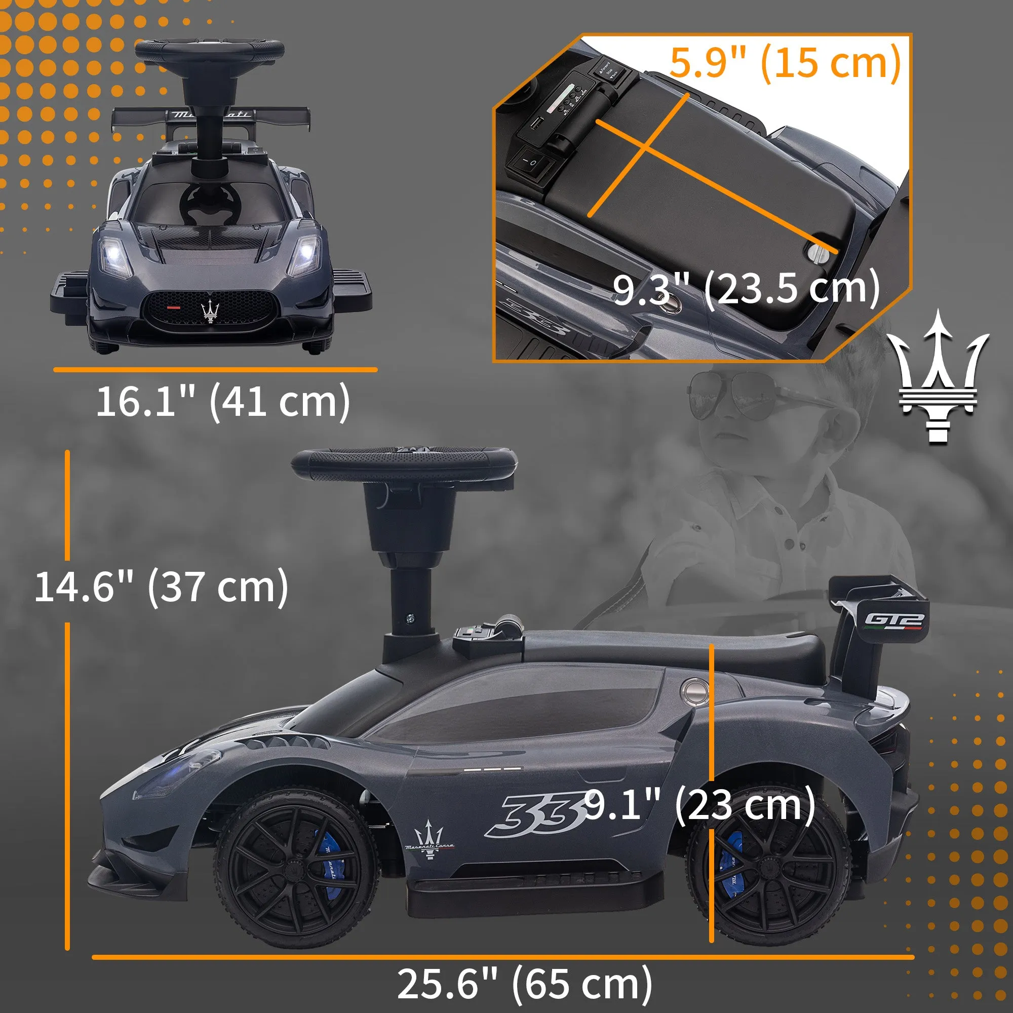 6V Maserati GT2 Licensed Electric Car for Kids, Ride on Car with Under Seat Storage, LED Headlights Music, Grey
