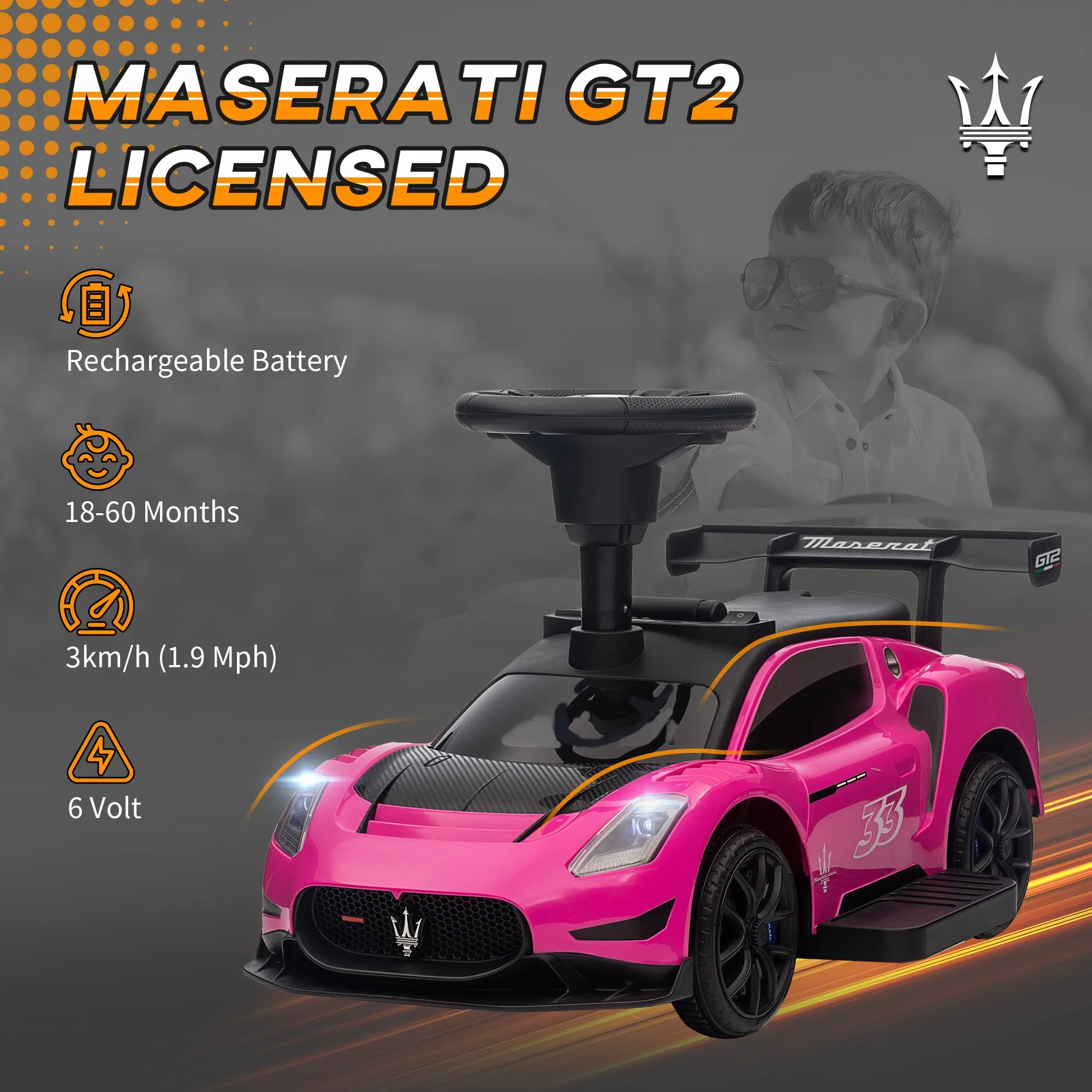 6V Maserati GT2 Licensed Electric Car for Kids, Ride on Car with Under Seat Storage, LED Headlights Music, Pink