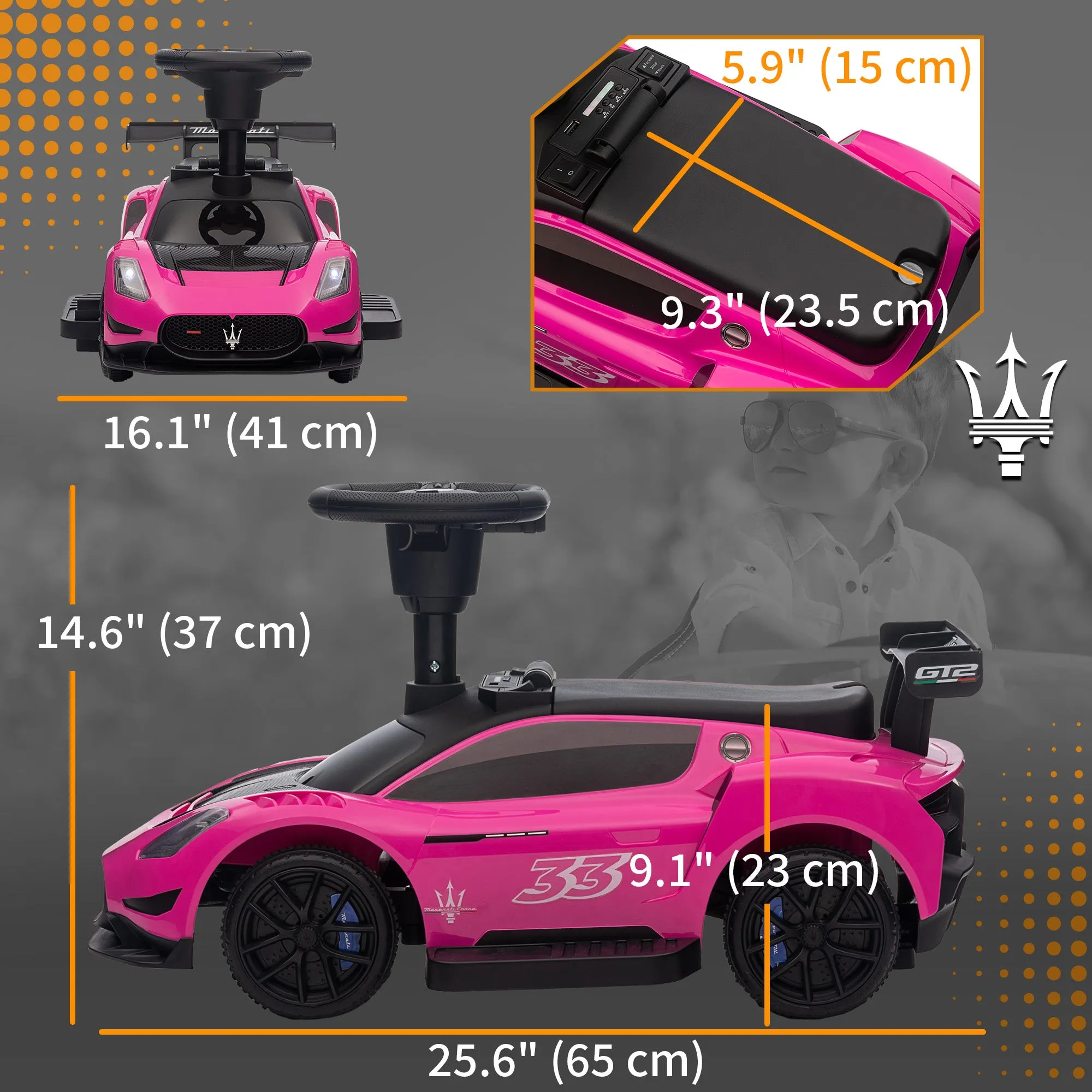 6V Maserati GT2 Licensed Electric Car for Kids, Ride on Car with Under Seat Storage, LED Headlights Music, Pink