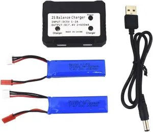 7.4V 500mAh stalk Li Battery 2in1 Charger for Wltoys A202 A212 A222 A232 Z242 Z252 Four-Wheel Drive Remote Control Drift High-Speed Car Battery XK K160 Fixed-Wing Gliding Aircraft Battery sea jump 2PCS 
