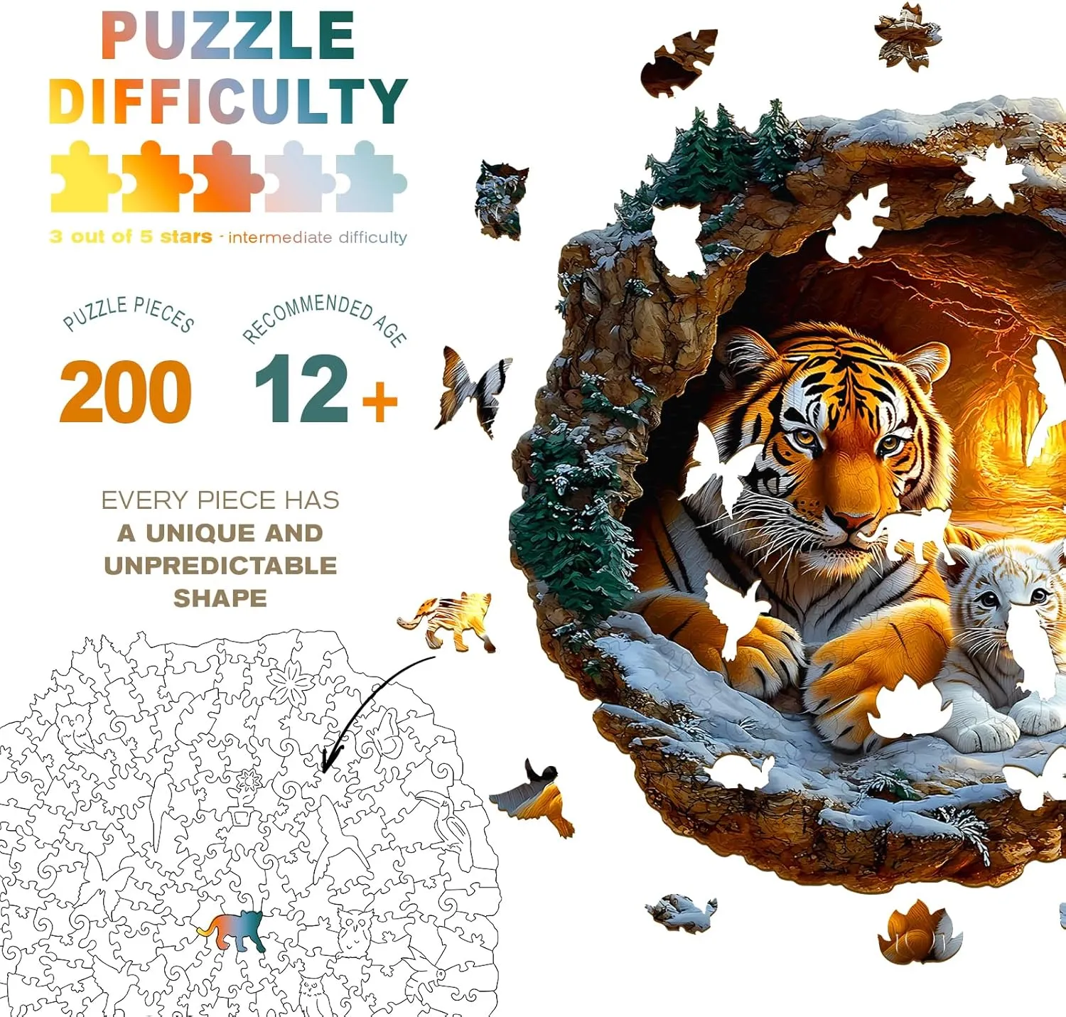 Adults - Puzzle Toys - (200pcs) Wooden iridium comparison mess Puzzles for Adults - Unique Shape 3D Vision Wooden Puzzle - Tiger Family Wooden Puzzles - Challenging Adult Animal Puzzles Creative Gifts - Birthday Gifts for 