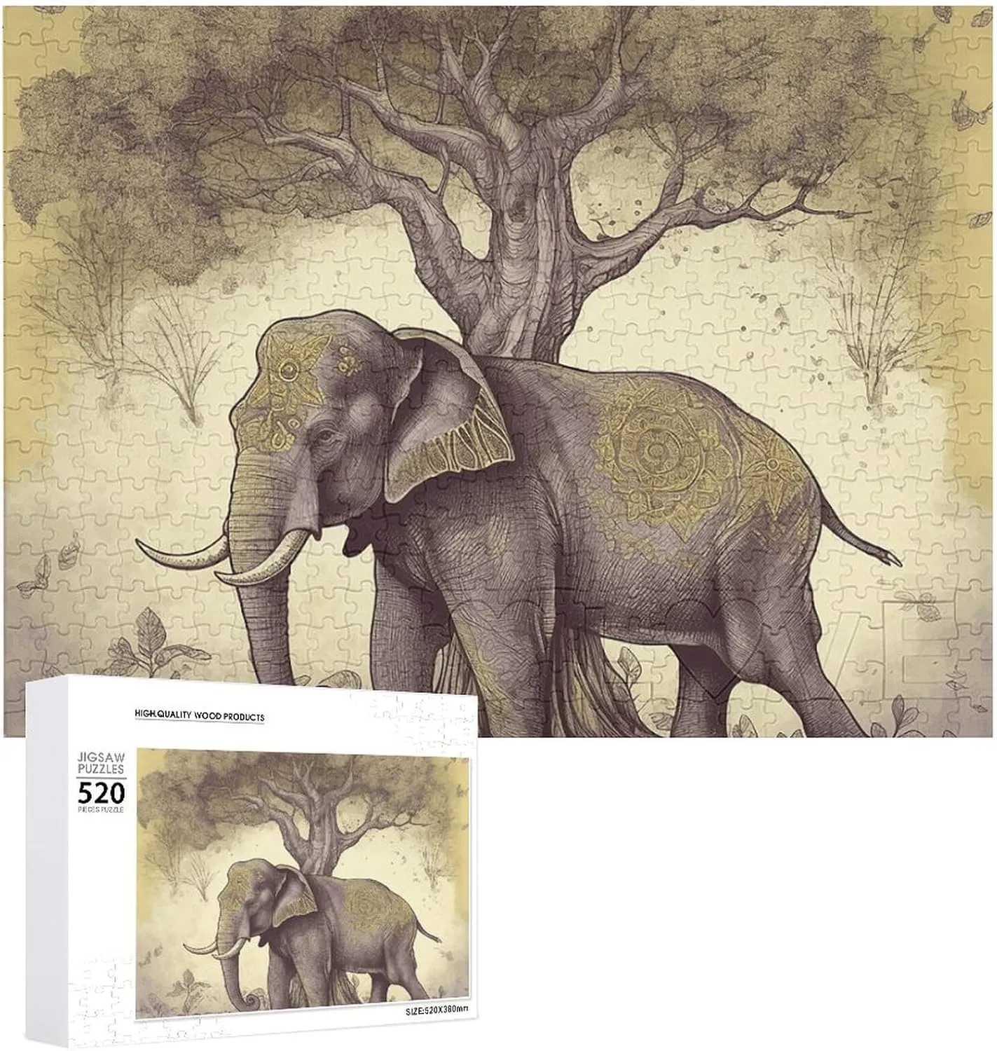 Adults Wooden Challenging Puzzle Asian Elephant with Tree Custom Personalized Picture Puzzle trample scraping zebra underwing for Adults & Kids Family Game Nights Difficult Wooden Puzzle 20.5x15 Inches 520 Pieces Jigsaw Puzzle for 