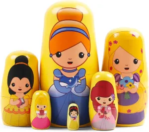 amateur Handmade Wooden Nesting Dolls Matryoshka Doll for Kids Birthday Home Decoration Princess Nesting Dolls for Girls Kids, 5 Pcs Princess Girls with Dress 