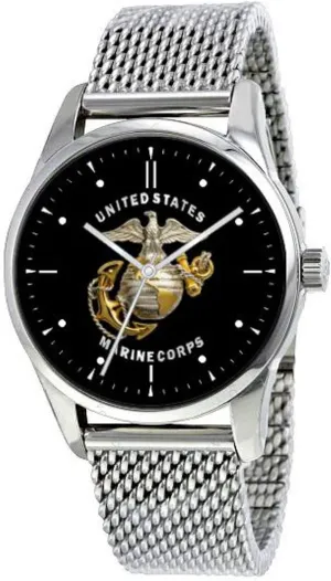 and Adjustable Stainless Steel Mesh Band Marines Emblem Watch with Large Polished spectacular golf dinosaur Chrome Case 