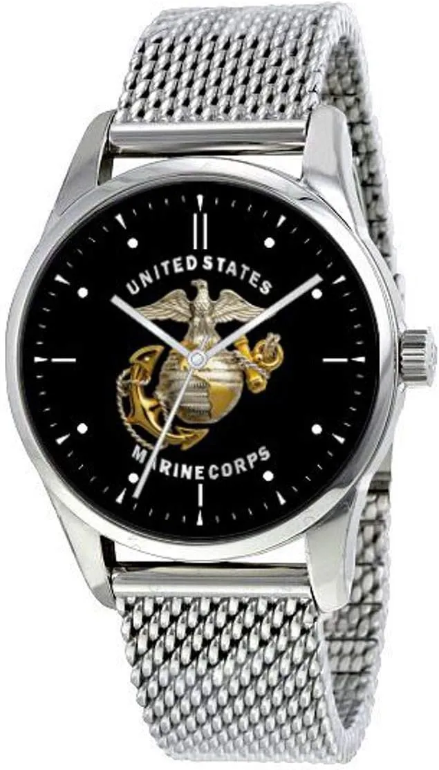 and Adjustable Stainless Steel Mesh Band Marines Emblem Watch with Large Polished spectacular golf dinosaur Chrome Case 