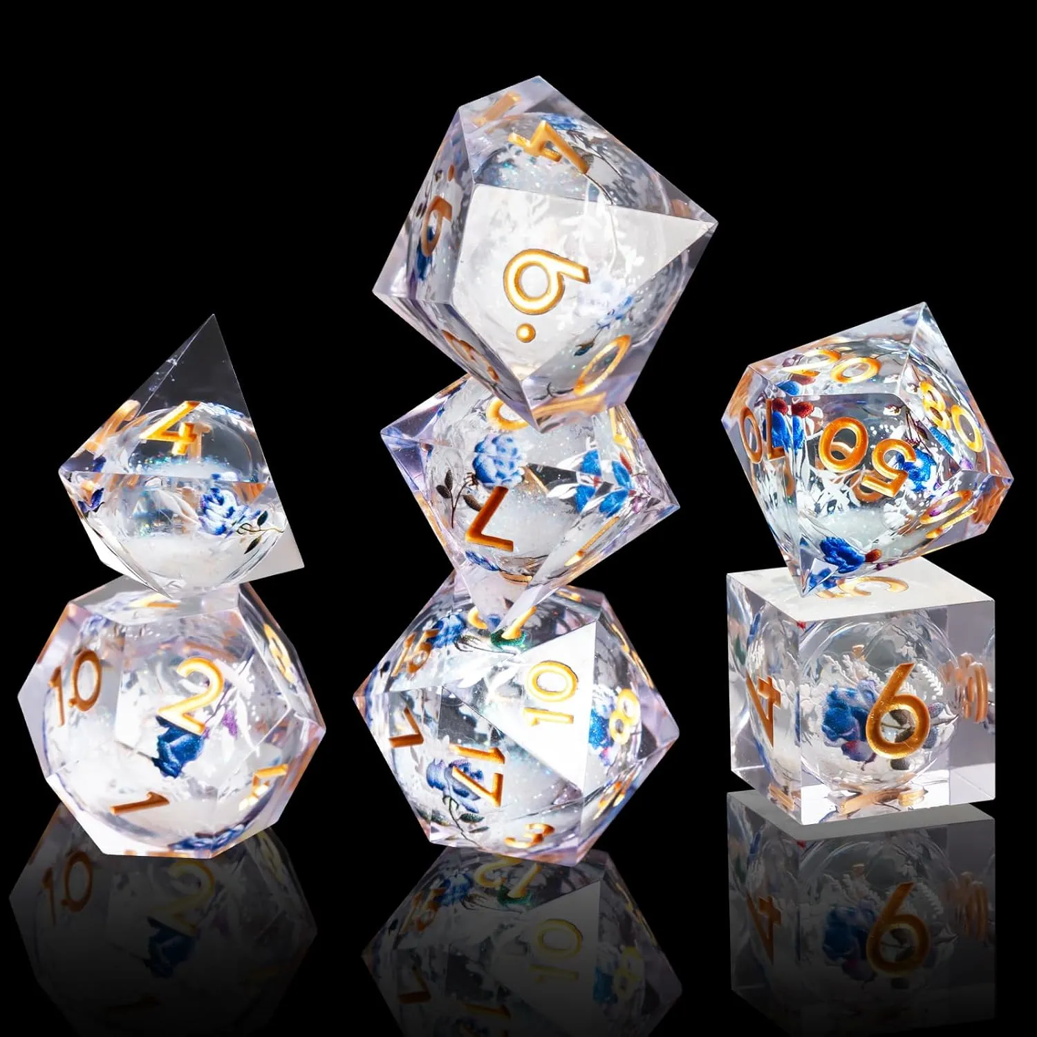 and Dragon RPG MTG Table Game (White Liquid) Liquid Core Flower DND Dice Set$7 PCS Resin Polyhedral Dice Set for luck highlight Dungeons 