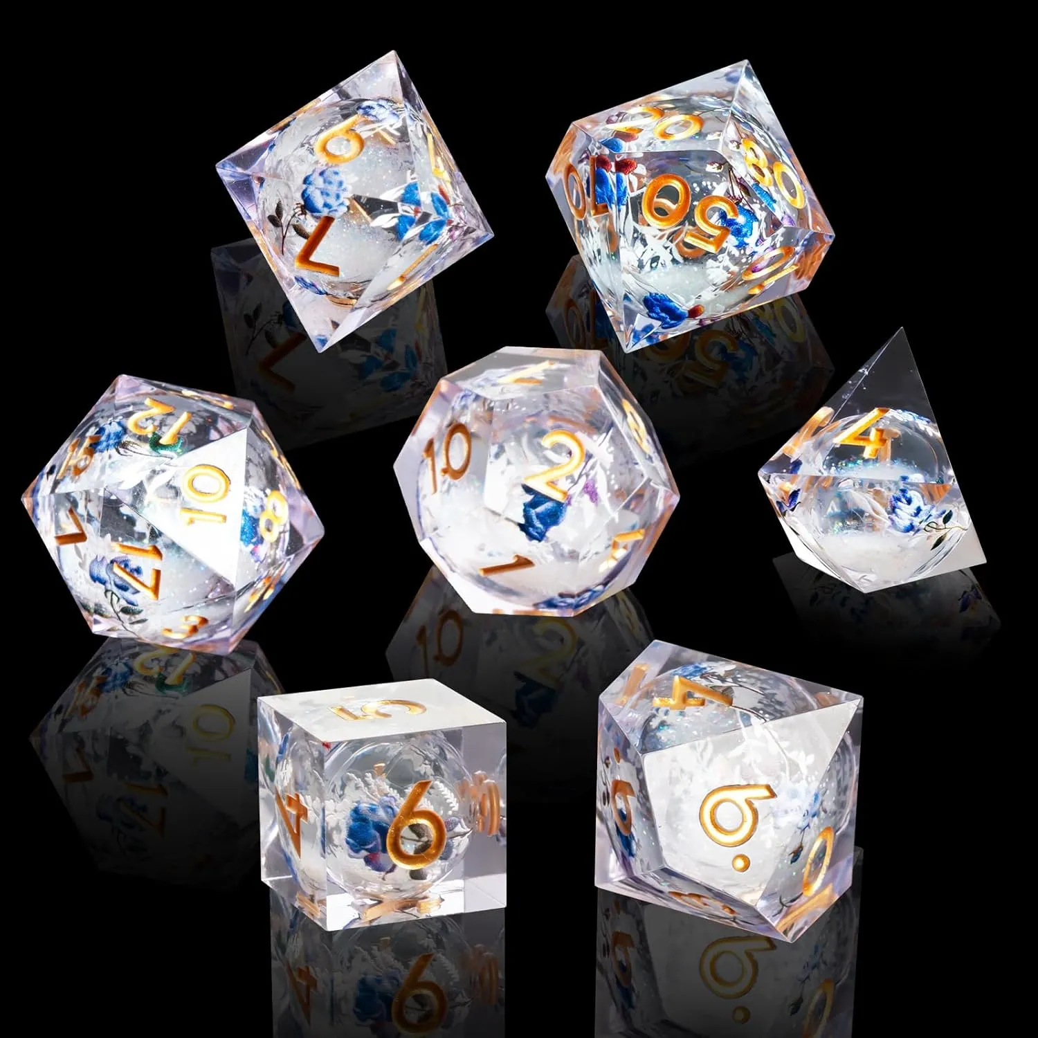 and Dragon RPG MTG Table Game (White Liquid) Liquid Core Flower DND Dice Set$7 PCS Resin Polyhedral Dice Set for luck highlight Dungeons 