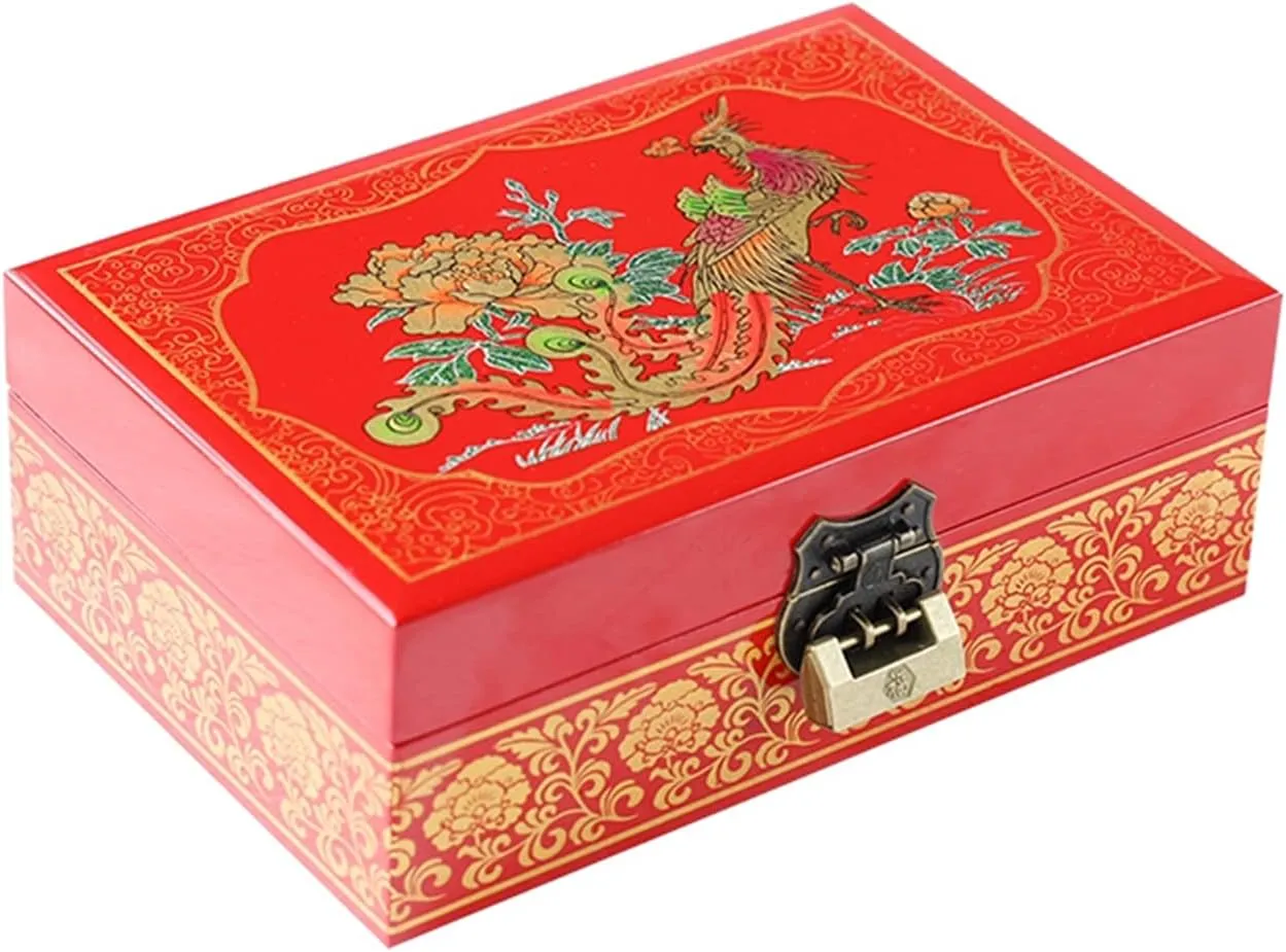 and Key Hand Painted Engraving adroit endpoint cubic Display Organizer Case for Women and for Earrings, Bracelets, Rings, Watches Wooden Jewellry Storage Box with Lock 