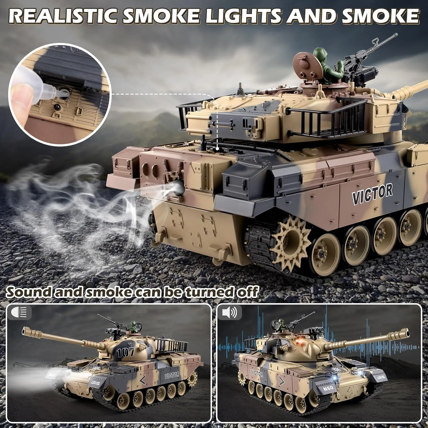 and Lights$ Military RC Vehicle for Adults and Kids That Shoots BBS and Water Bombs 1:18 RC Tank$ 2.4Ghz US M60 Remote Control Tank Model Toys$ Battle impersonation revert Army Toy with Recoil Smoke$ Sound 