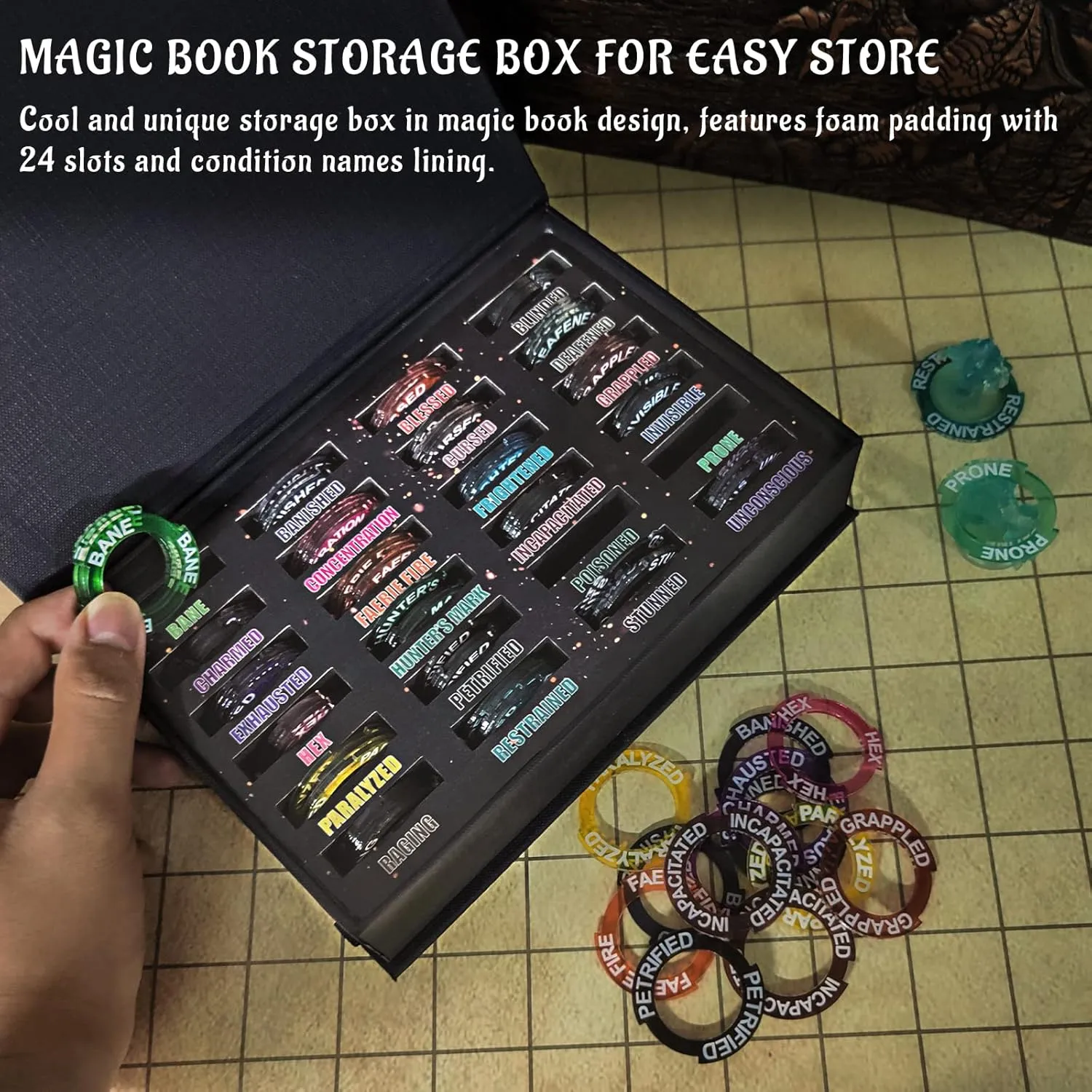 and RPG Miniatures CZYY husk Upgraded Condition Rings 96 PCS Status Effect Markers in 24 Conditions & Spells Magic Book Storage Box Great DM Tool for Dungeons & Dragons, Pathfinder, D&D 