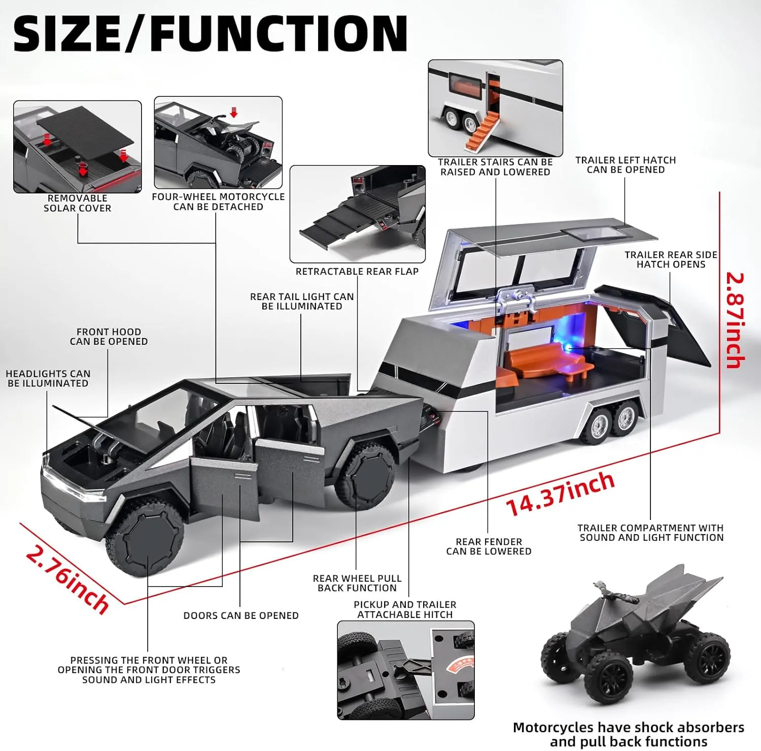 and Trailer$Pull Back Truck Trailer RV Toy with Lights and Sounds$Metal Die Cast Toy Truck and Trailer Set$Trucks for Kids pave sanction spy Ages 4-8��Grey�� Kids Truck and Trailer Toys 1/32 Toy Truck 